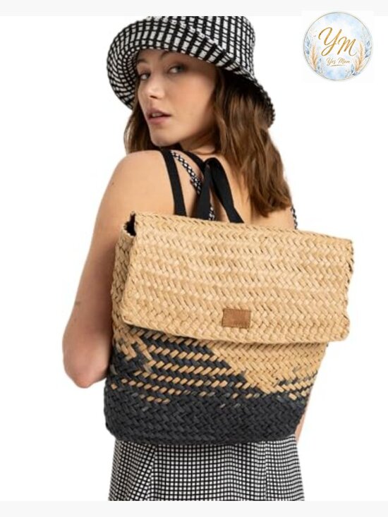 Woven Straw Backpack Flap Over Drawstring Closure Travel Lightweight main image 5